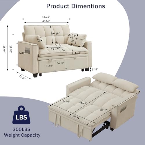 Sleeper Sofa with Pull Out Couch Bed, 48" Convertible Pull-Out Sofa Bed ...