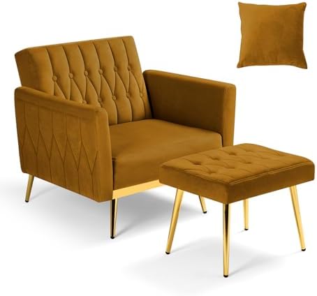 Velvet Accent Chair w/Ottoman & Adjustable Backrest, Ginger