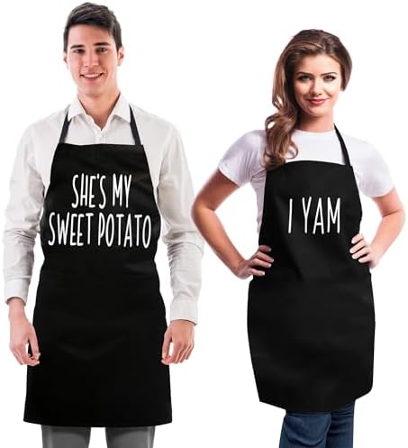 Funny Couple Aprons - Gift Ideas For Her Him - Wedding, Engagement, Bridal, Birthday; Kitchen Cooking Set
