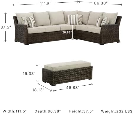 Signature Design by Ashley 3-Piece Patio Sectional with Bench, Brown