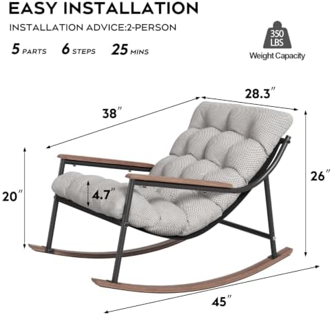 Papasan Rocking Chair with Armrest Outdoor Indoor,Heavy Duty Metal Outdoor Ro...