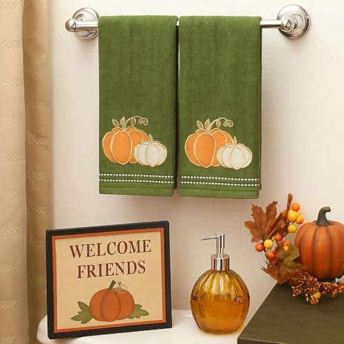 Fall Farmhouse Green Bathroom Hand Towels , Orange & Gold Pumpkins, 16"x25" | Set of 2, 100% Cotton, Embroidered Harvest Design, Fancy Trim, Perfect for Parties & Gifts, Kitchen & Bath Decor Accent