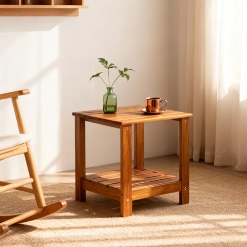 Utoplike Teak Side Table Outdoor, Patio End Table Double Layer for Garden