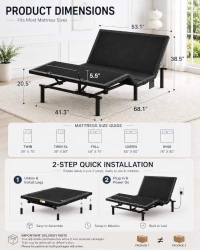 Marsail Adjustable Bed Frame Full with Mattress & Massage, Adjustable Base