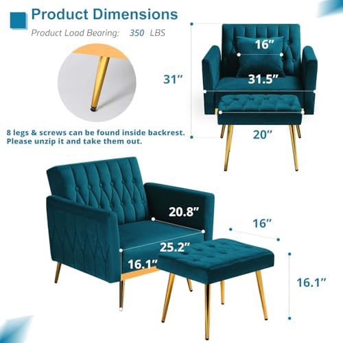 Velvet Accent Chair w/Ottoman & Adjustable Backrest,Teal