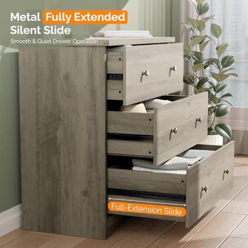 VINGLI 3 Drawer Dresser with Charging Station, Small Dresser Grey Chest of Dr...