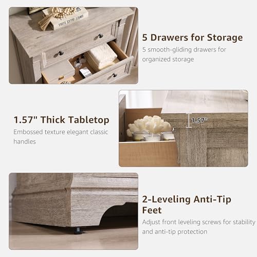 T4TREAM Farmhouse 5 Tall Drawers Dresser for Bedroom 47"H Chests of Drawers