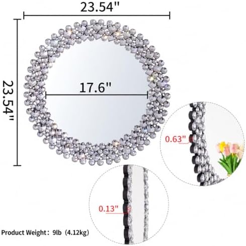 SHYFOY Crystral Round Mirror for Wall Decor,24" Large Wall Mirrors