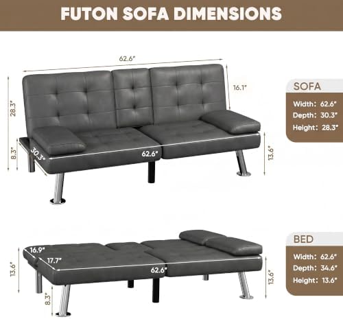 Homall Faux Leather Futon Sofa Bed, Loveseat with Adjustable Backrest