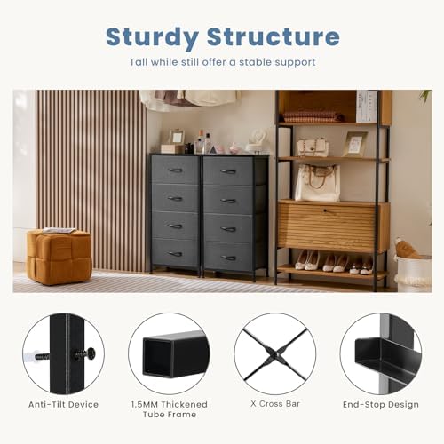DUMOS Nightstand, Bedside Table with 4 Fabric Drawers