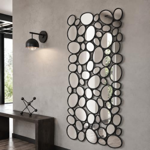 Black Mosaic Wall Mirror, 27.55" x 55" Large Pebble Geometric Decor...
