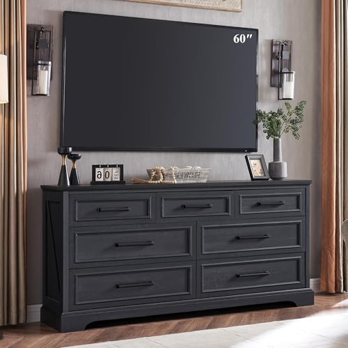 ACCOHOHO 7 Drawer Dresser, 52" Wide Farmhouse Chest for Bedroom, Black