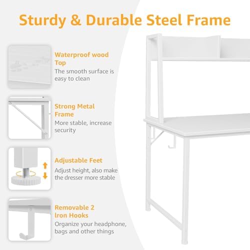 DLisiting White Computer Desk with Hutch & Drawers - 47 Inch Modern Study...