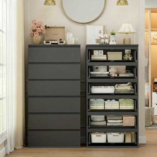 FOTOSOK Black Dresser, 6 Drawer Dresser with Handleless Drawer Cabinet