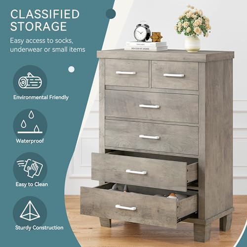 IDEALHOUSE 45" 6-Drawer Dresser, Wooden Chest of Drawers, Grey