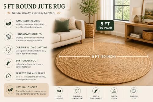 5 ft Round Handwoven 100% Natural Jute Area Rug, Reversible