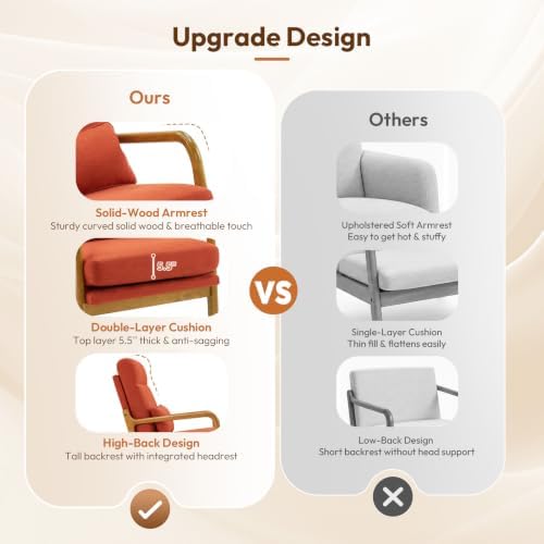 Bonnlo High Back Linen Burnt Orange Mid Century Modern Accent Chair, Soild Wo...