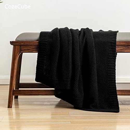 CozeCube Jet Black Seed Stitch Throw Blanket 50"x60", Farmhouse Decor