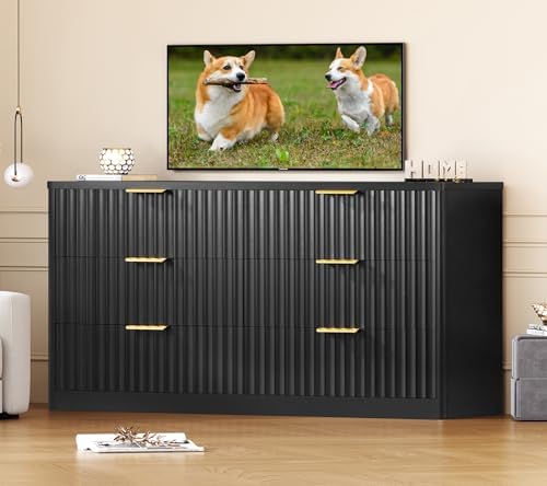 TEENFON Fluted 6 Drawer Dresser for Bedroom, Wide Modern Chest of Drawers wit...