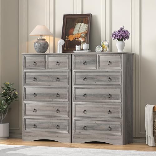 VVFLU 48'' Tall Grey Dresser with 6 Drawers Chest of Drawers for Bedr...