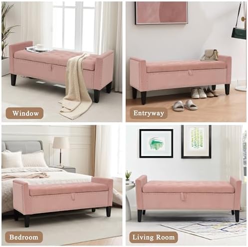 Velvet Ottoman with Storage, 46'' Upholstered Button Tufted End of Be...