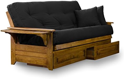 Nirvana Futons Brentwood Tray Arm Futon Frame, Drawers, and Black Mattress Se...