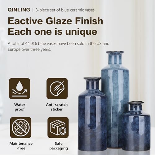 Blue Ceramic Vase Set - 3 Blue Small Vases, Farmhouse Country Flower Vase Hom...