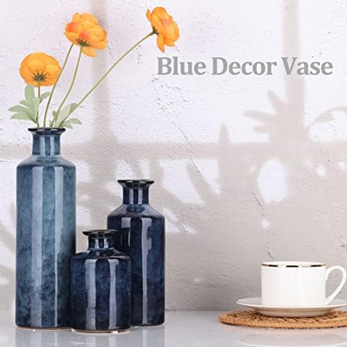 Blue Ceramic Vase Set - 3 Blue Small Vases, Farmhouse Country Flower Vase Hom...