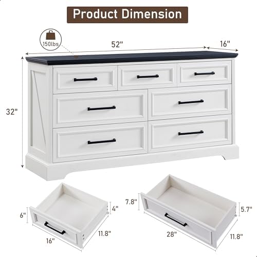 ACCOHOHO 7 Drawer Dresser, 52" Wide Farmhouse Chest for Bedroom, Off White