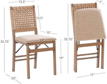 Linon Bennett Natural Folding Chair with Woven Rope Back and Linen Upholstere...