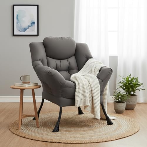 Welnow Lazy Chair for Adults，Modern Reading Accent Chair,Dark Grey Single