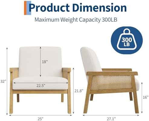 IDEALHOUSE Rattan Accent Chair with Wooden Frame and High Back, White