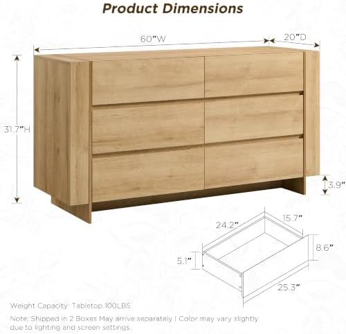 OKD 60" Modern 6 Drawer Dresser for Bedroom, 20" Depth for More Sto...