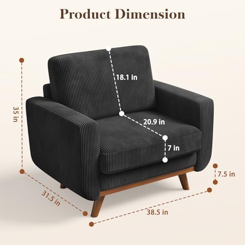 Vesgantti 38.5" Accent Chair Black, Comfy Corduroy Single Sofa Seat with...