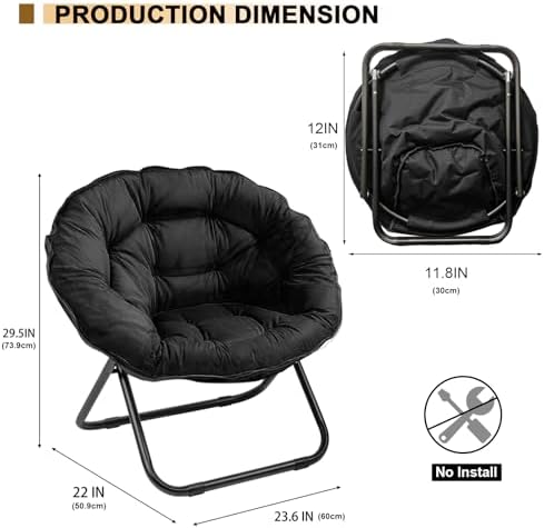 Grezone Folding Saucer Chair, Oversized Lazy Moon Chair with Metal Frame, Com...