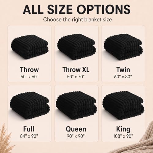 HIMEET Black Queen Size Blanket for Bed, 300GSM Ribbed Fleece, 90 x 90 in