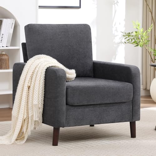 Accent Chair Set of 2, Upholstered Living Room Chairs with Wood Legs and Side...
