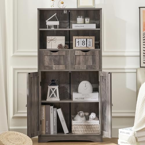 Iwell Tall Storage Cabinet with 2 Drawers & Adjustable Shelf, Bathroom Ca...
