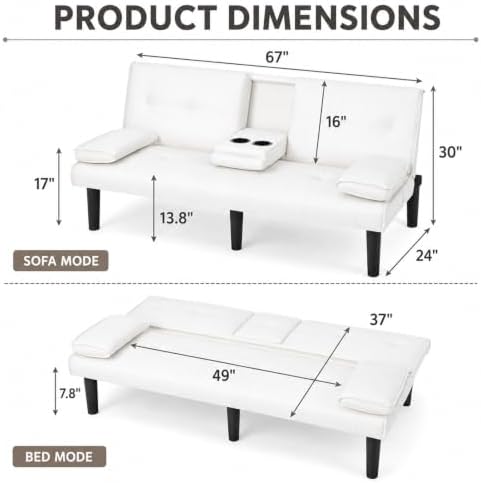 67"Modern Futon Sofa Bed,Convertible 3 in 1 Sleeper Bed Couches with Adj...