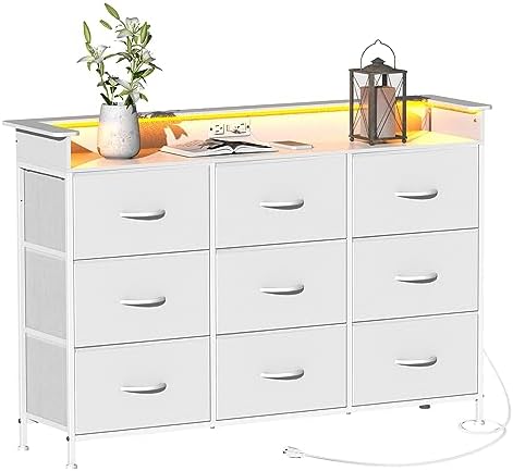 EXOTICA White Dresser with LED Light for Bedroom 9 Drawer Dressers with Charg...