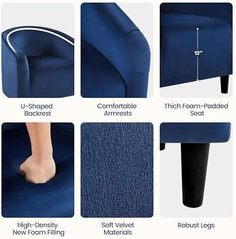 Yaheetech Small 25.5in Wide Velvet Barrel Accent Chair Bedroom, Navy Blue
