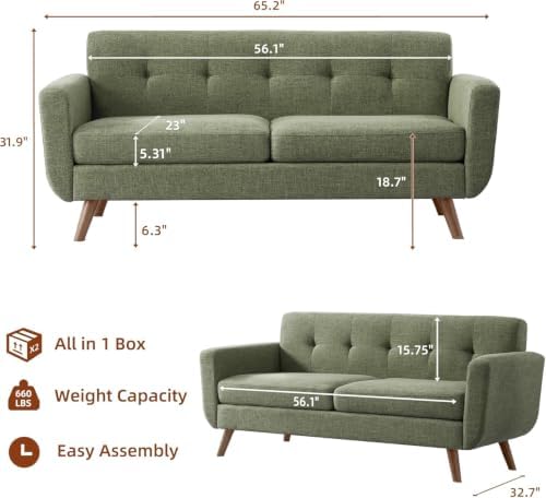 Tbfit 65" W Loveseat Sofa, Mid Century Modern Couches Love Seats for Liv...