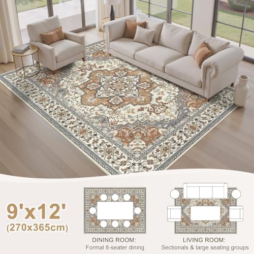 EIEIHOUSE 9x12 Area Rug Washable Vintage Rugs for Living Room Caramel Gray