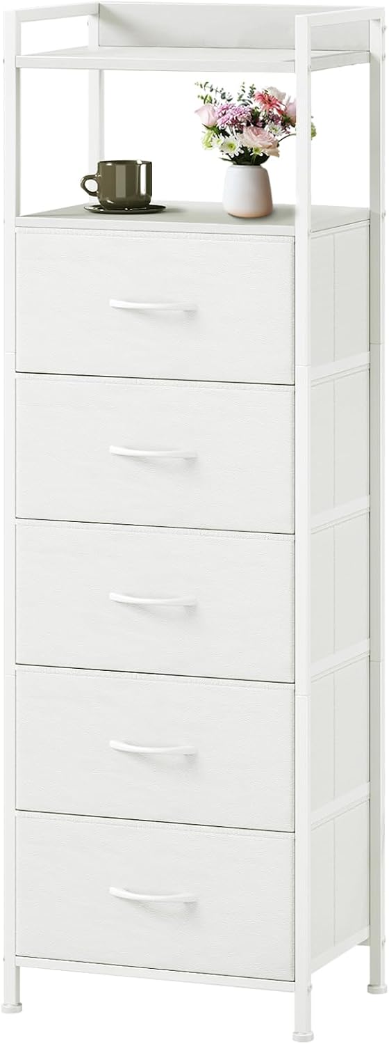 Somdot White Tall Dresser for Bedroom with 5 Drawers, Tall Nightstand