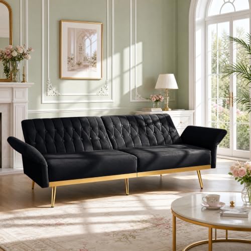 70” Velvet Futon Sofa Bed w/Adjustable Armrests, Black