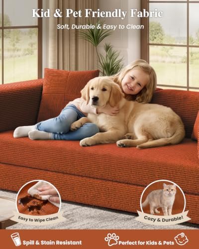 79.5" 5-in-1 Convertible Futon Sofa Bed, Boneless Corduroy, Orange