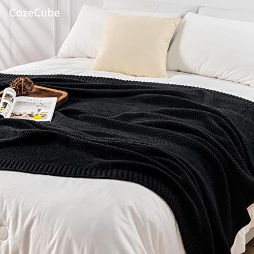CozeCube Jet Black Seed Stitch Throw Blanket 50"x60", Farmhouse Decor
