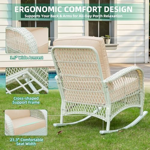 VIVIJASON Outdoor Wicker Rocking Chair, Patio Rattan Rocker Chair with Cushio...