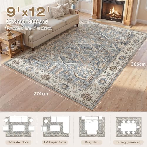 9x12 Area Rugs for Living Room Large Washable Rug Vintage Blue