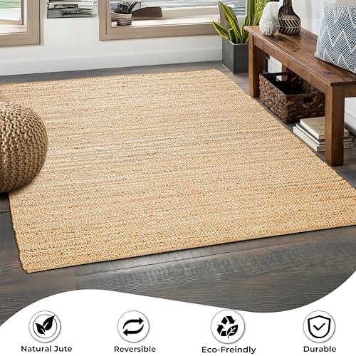 Hausattire Jute Braided Area Rug, 5x8 ft, Natural, Handwoven, Reversible